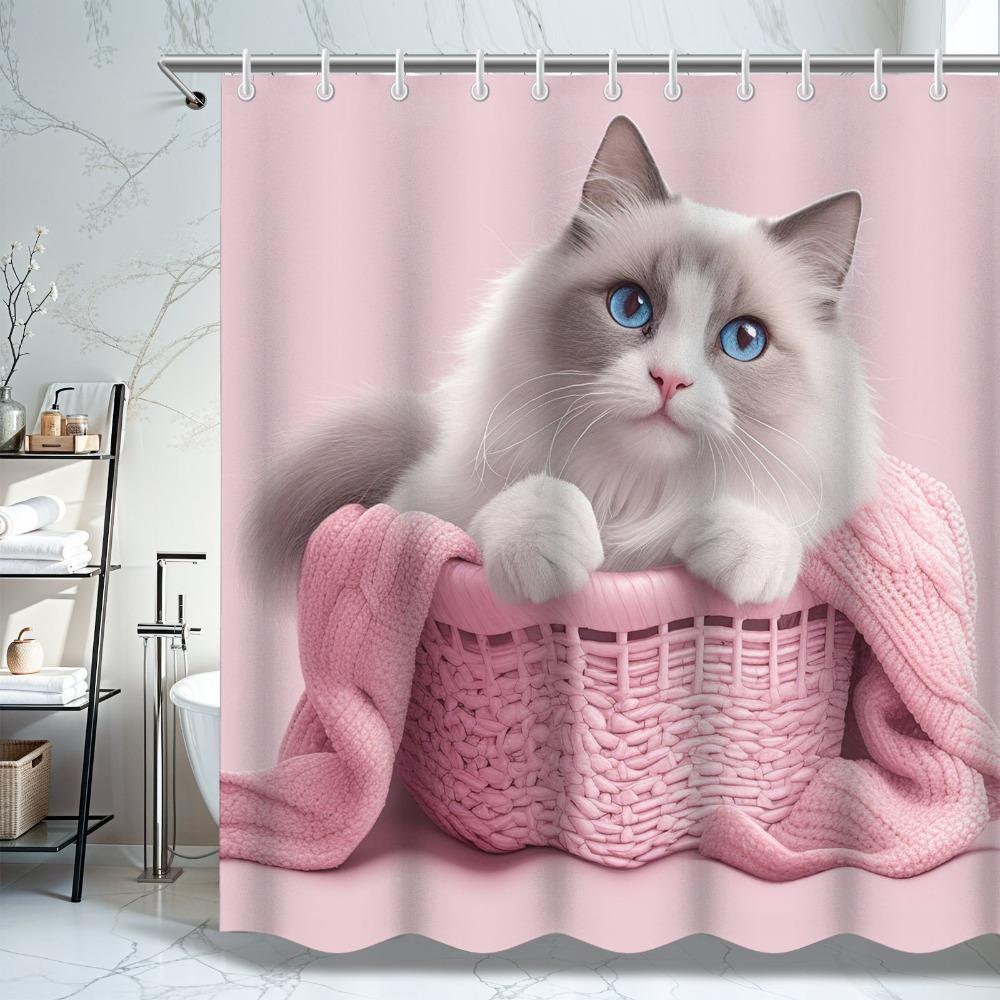 

Pink Background Cat Washable Dirt-Resistant Shower Curtain Shower Head Waterproof Polyester Bath Curtain For Home Decor W60H190(CM)-1 Pcs