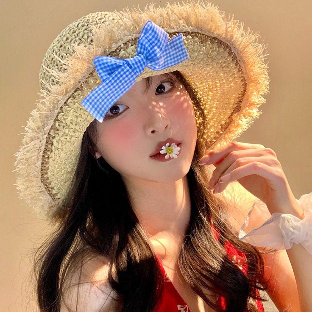 Breathable Woman's Straw Hat Elegant Lace Brim Sunshade Cap Casual Big Bowknot Sun Hat  Girls
