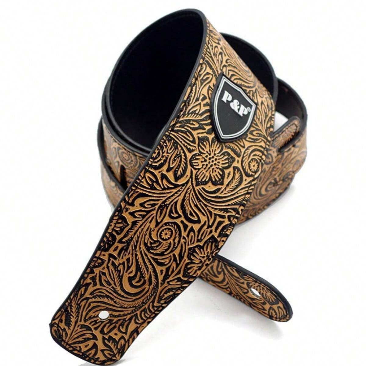 

Guitar Strap P&P 2.5 Inch Adjustable Soft Embroidered and Serpentine Genuine Leather Strap for Electric Guitar Acoustic Bass жовтий