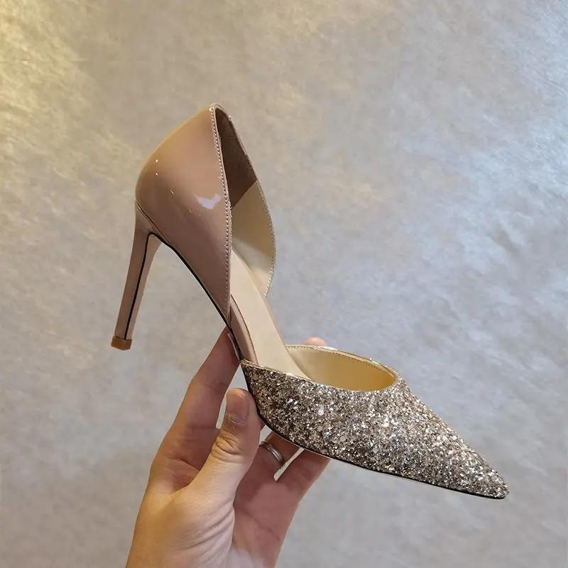 2025 New Hollow Sequin Color Blocked High Heels Pointed Bridesmaids Work Wedding Shoes for Women