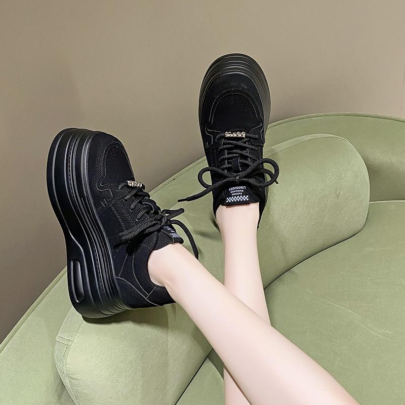 

8 см женские кожаные кроссовки осень-весна коричневые повседневные прогулочные туфли массивные кроссовки высокая платформа спортивная обувь для скейтбординга женская 39 чёрный