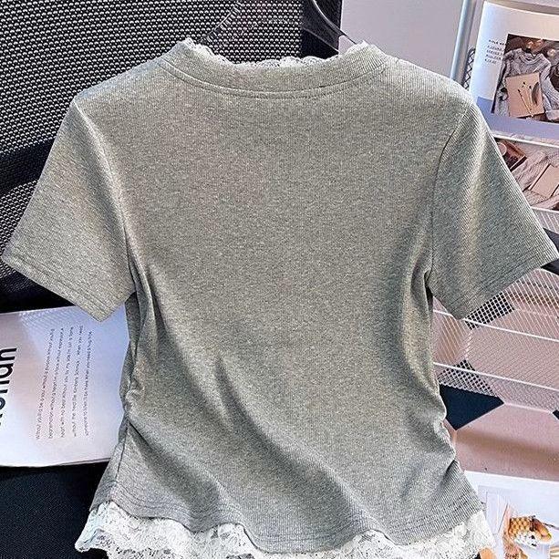 Fake Two-piece Lace Splicing V-neck Short-sleeved T-shirt Women's Summer New Popular Thin Slim Short Top Tide