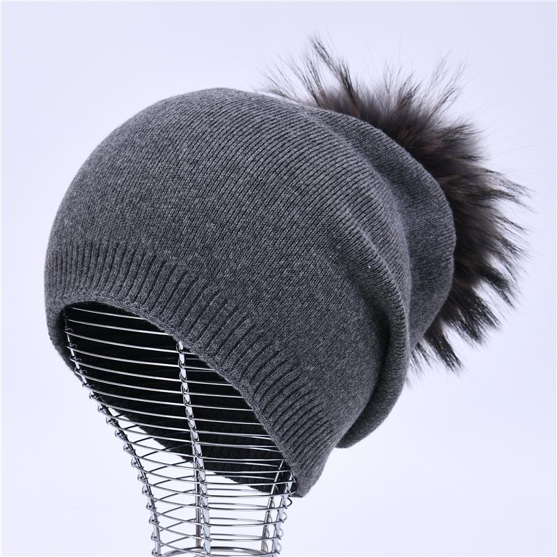 Real Raccoon Fur Pom Pom Knitted Hat Women Beanies Cashmere Winter Hat Female Girl Cotton Skullies Wool Beanie Hat