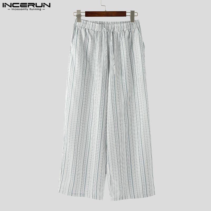 INCERUN Pánské stahovací elastický pas pruhované ležérní volné dlouhé kalhoty
