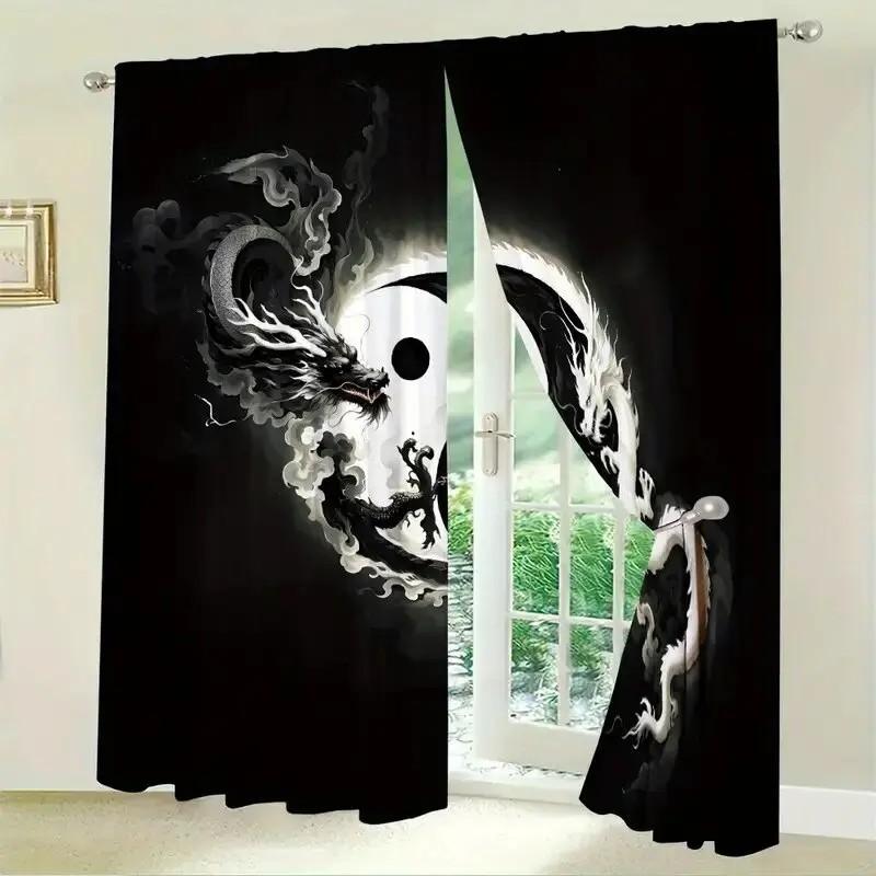 JIT 2pcs Dragon Yin Yang Printed Curtains   Blackout Rod Pocket Window Drapes   Home Decor   Living Room Bedroom Decor