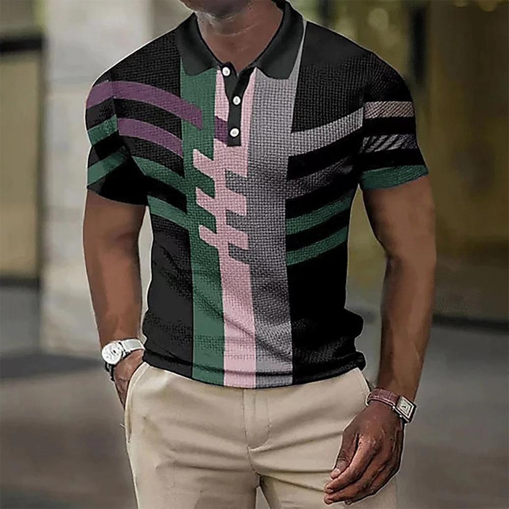 Striped Printed Top Men's Lapel Short Sleeved Polo Shirt