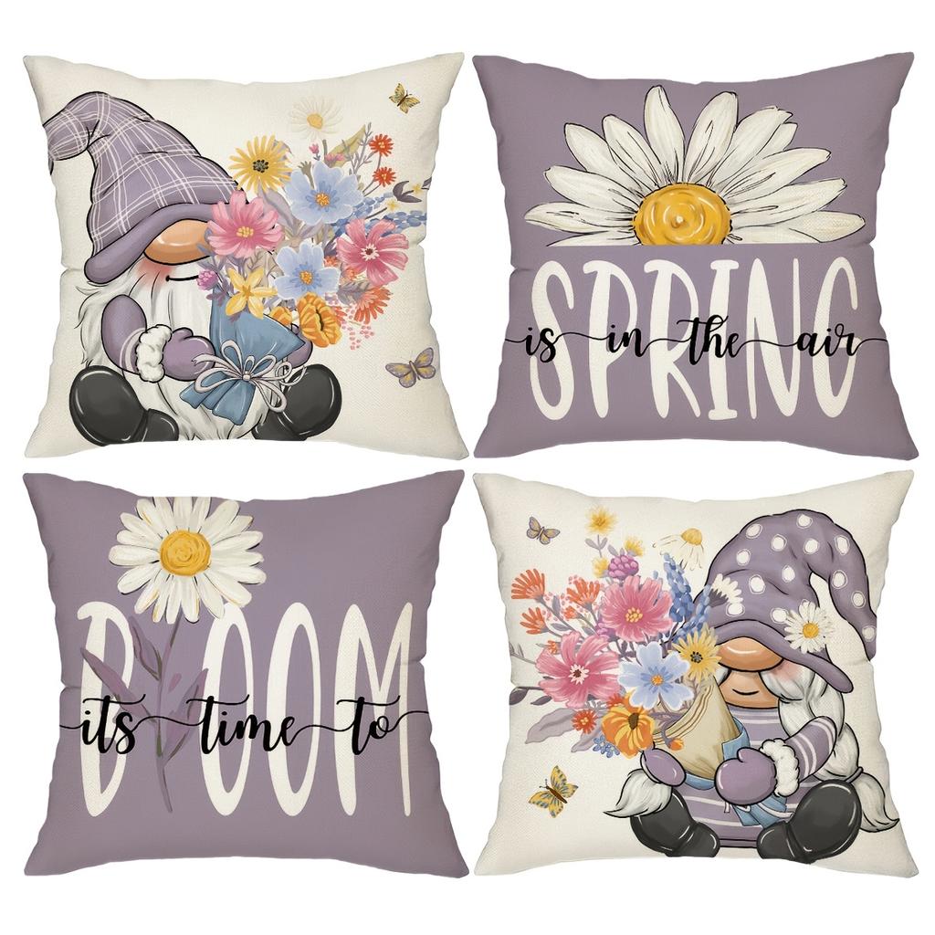 Spring Gnome Flower Pillow Cover Cute Dwarf Floral Print Cushion Case Farmhouse Easter Home Decor Living Room Bedroom Sofa Soft