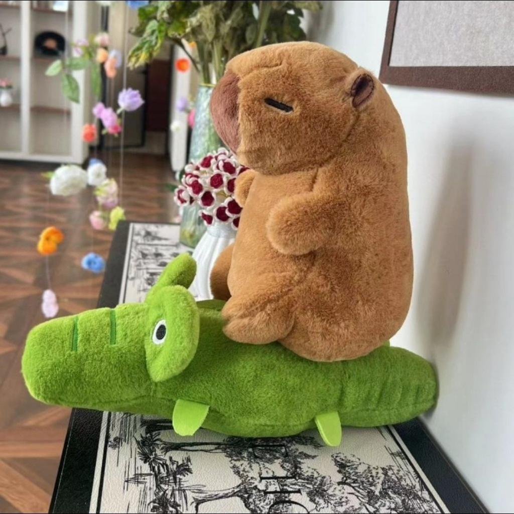 25cm Kawaii Simulation Capybara Plush Toys Kapibala Rides A Goose and A Crocodile Stuffed Animals Toys for Kids Birthday Gifts