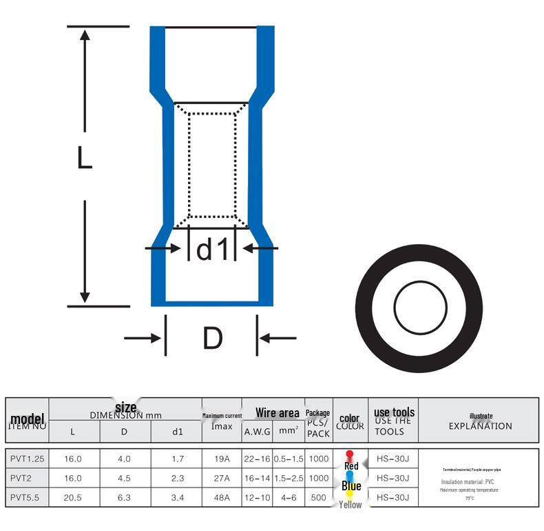 KT KST Purple Copper Fully Insulated Cold Crimp Terminal: PVT1.25/2/5.5 Short Type Intermediate Joint