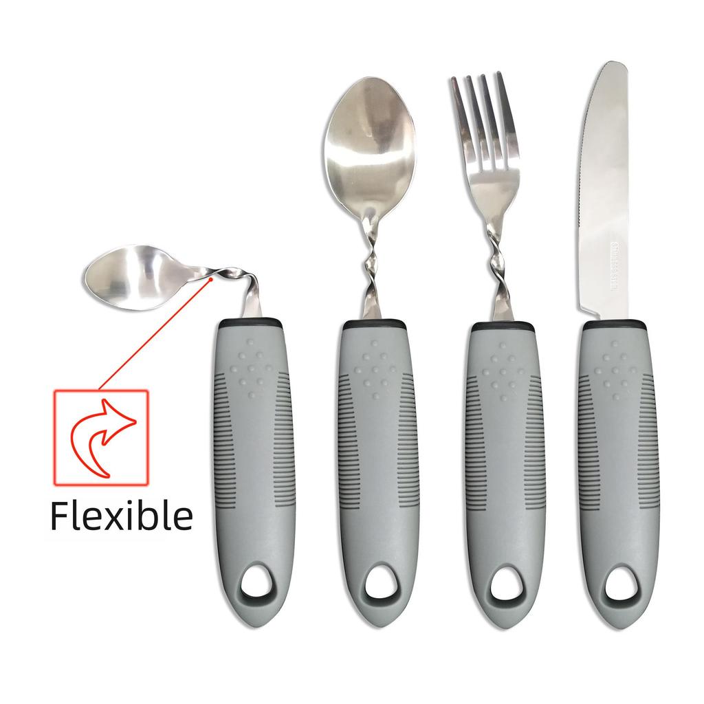 Stainless Steel Adaptive Foldable Utensil Set with Anti-Shake Rubber-Plastic Handle for Elderly Rehabilitation (Knife, Fork, Spoon)