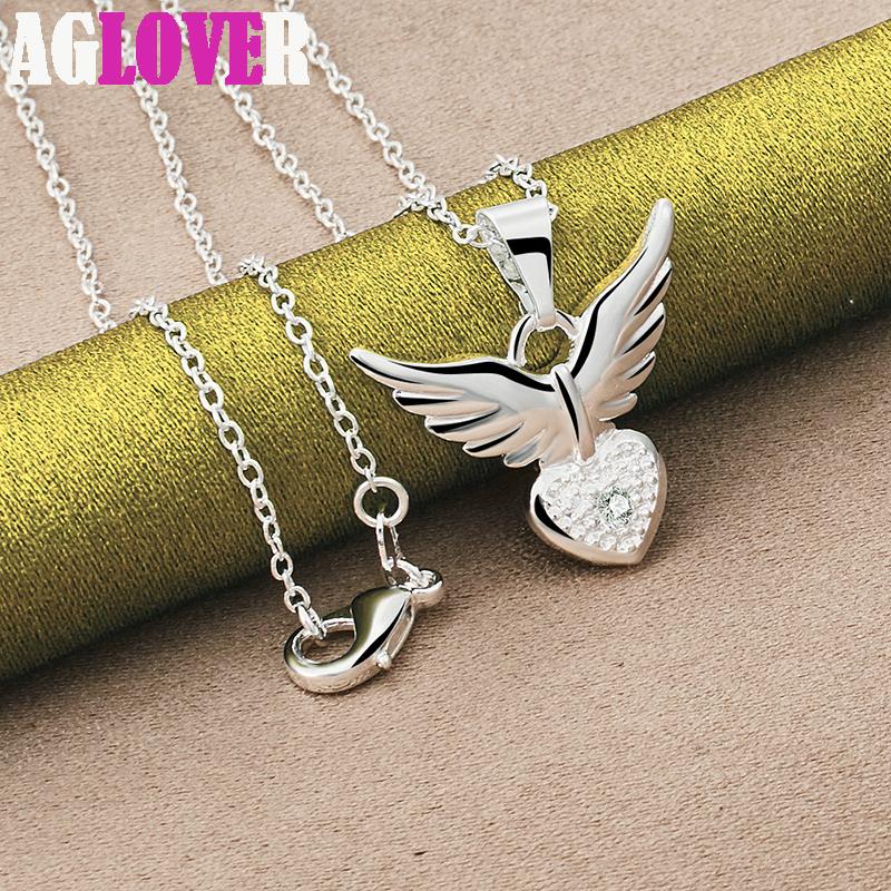 925 Sterling Silver AAA Zircon Love Heart Wings Pendant Necklace Jewelry