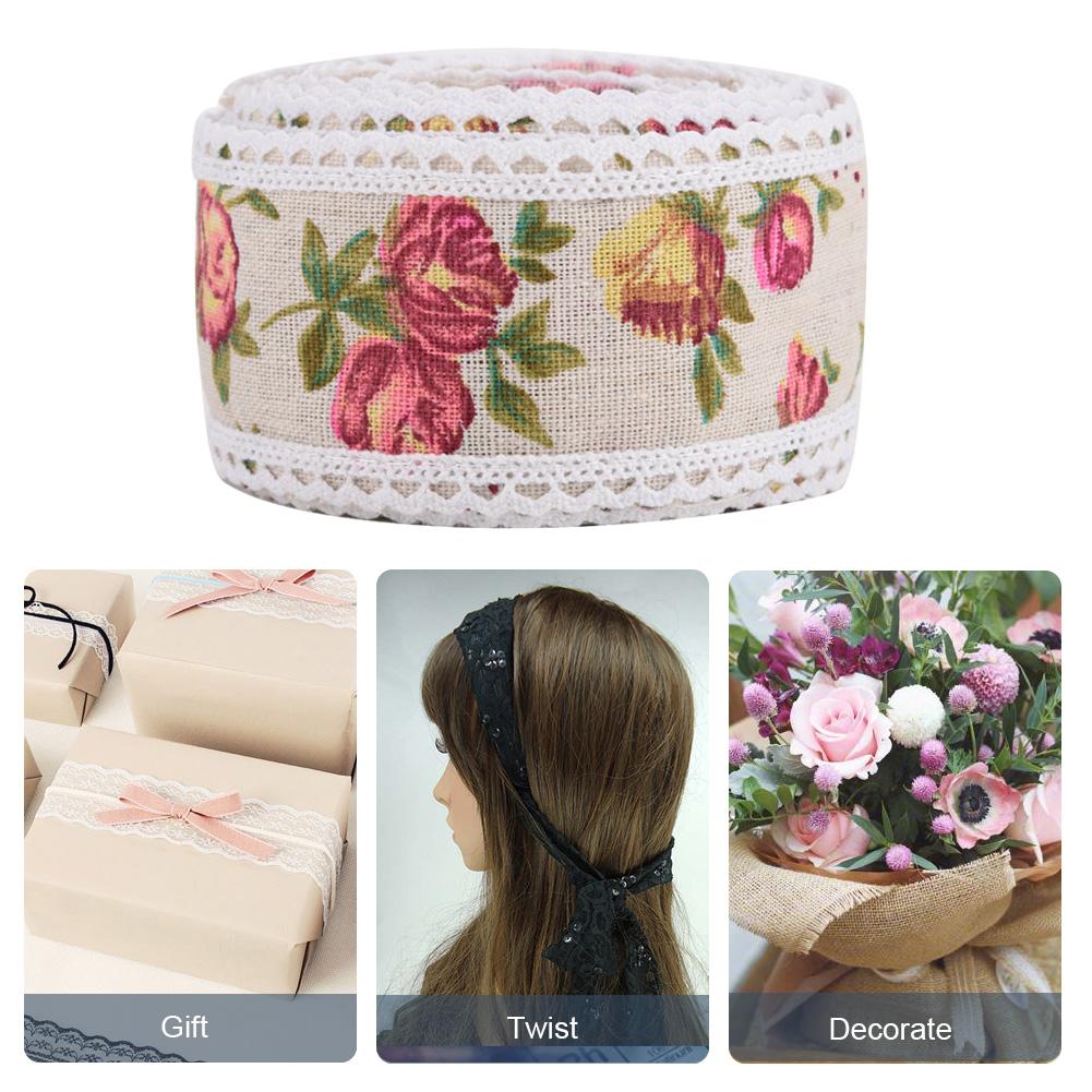 DIY Lace Printed Flower Burlap Ribbon Hessian Jute Belt Strap Wedding Cloth Decoration 5m