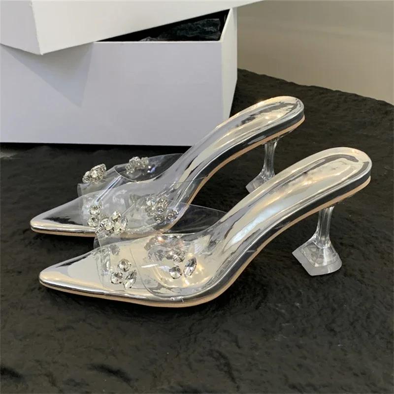 Fashion Eilyken Sexy Crystal Diamond PVC Transparent Pointed Toe High Heels Women Slippers Sandals Summer Slide Ladies Shoes