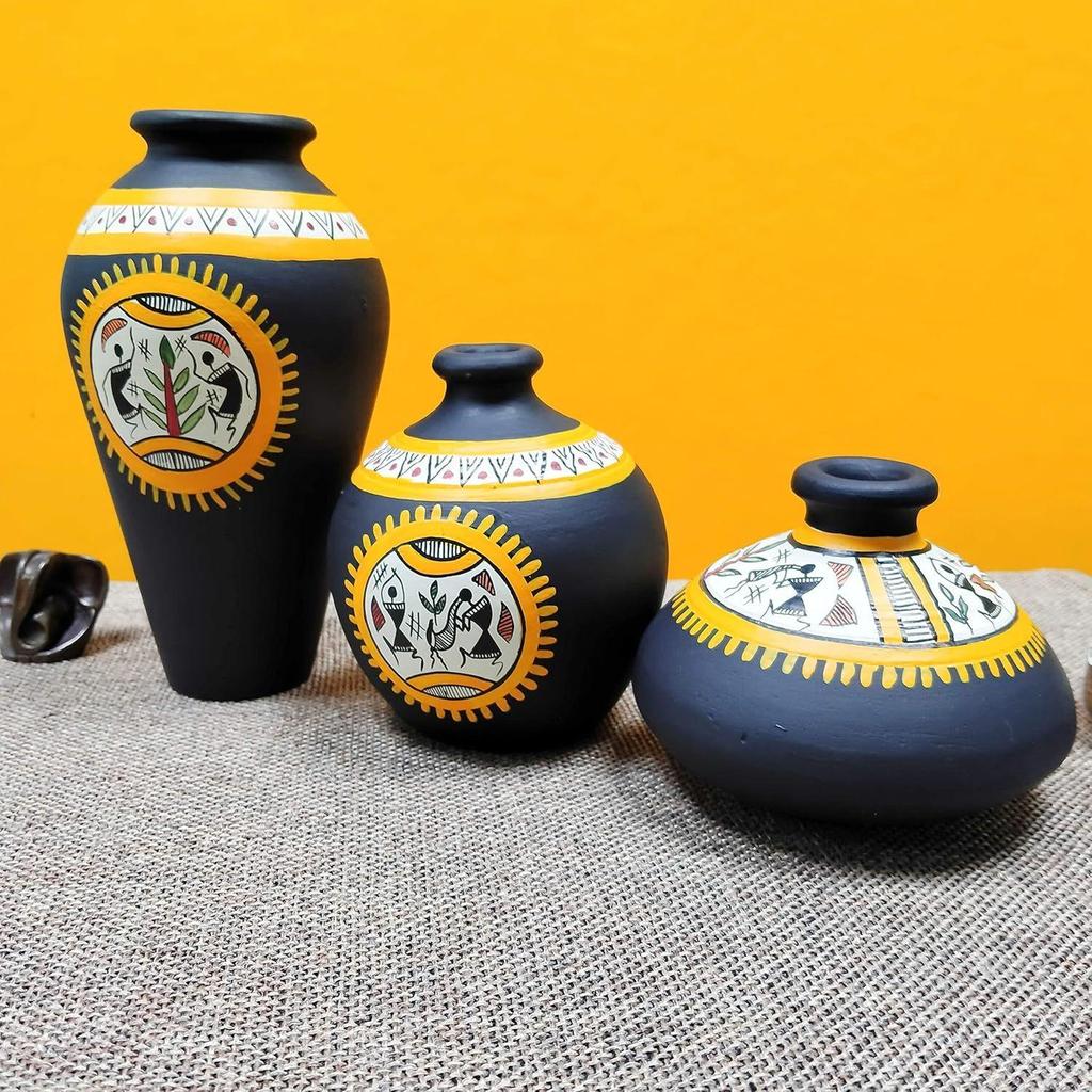 'Tribal Fiesta' Black Terracotta Oblong Flower Vase, Terracotta Decorative For Home Decor Earthen Flower Vases Pots For Home & Office (Set Of 3)