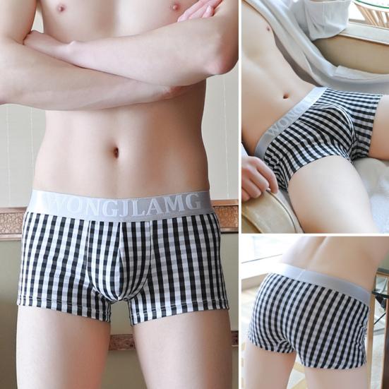Men Casual Underwear Mid-rise Letter Plaid Print Patchwork Design Shorts Briefs 3D U-convex High Elasticity Panties