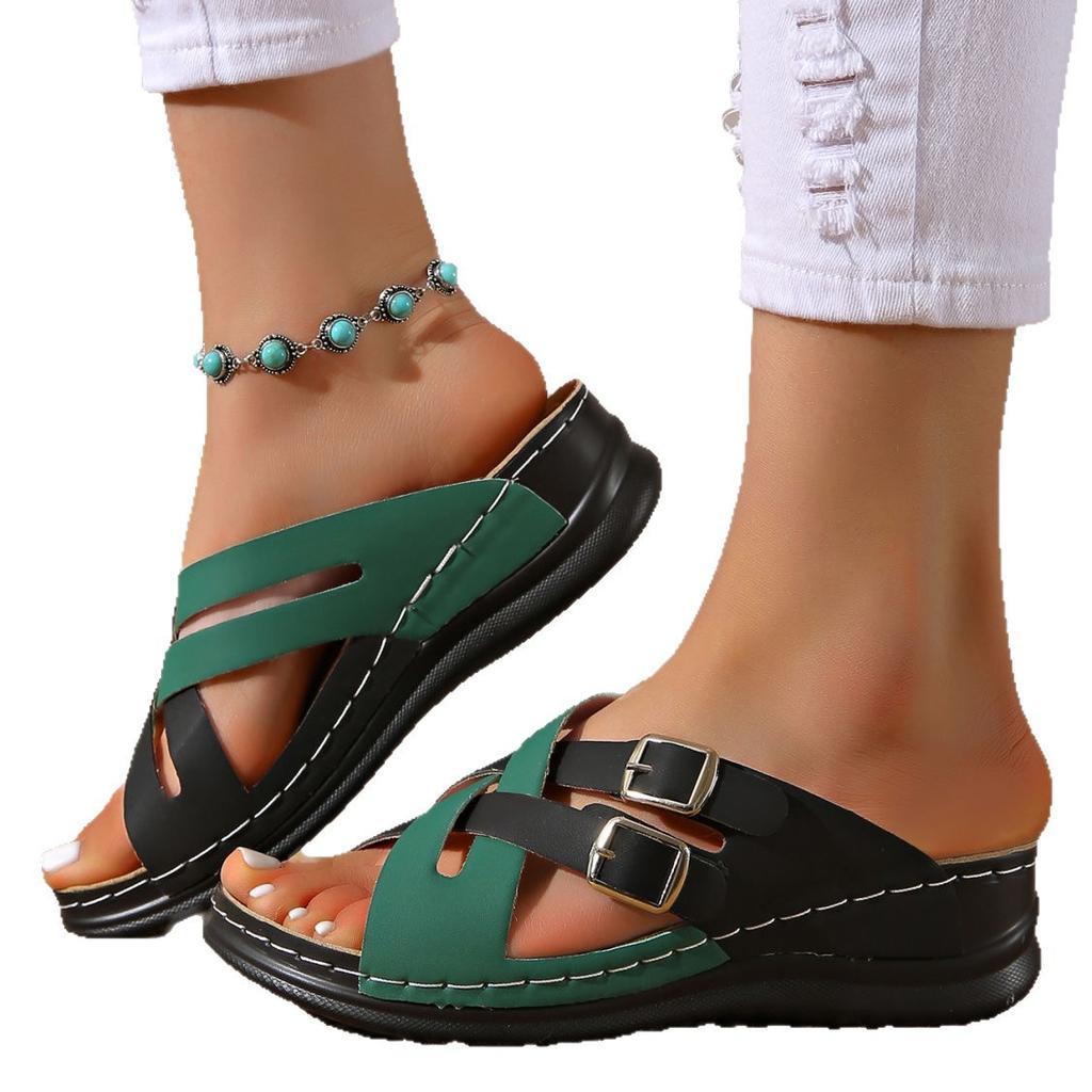 Color matching slope heel thick bottom cool slippers summer new open-toed European and American large size one-word beach slippers