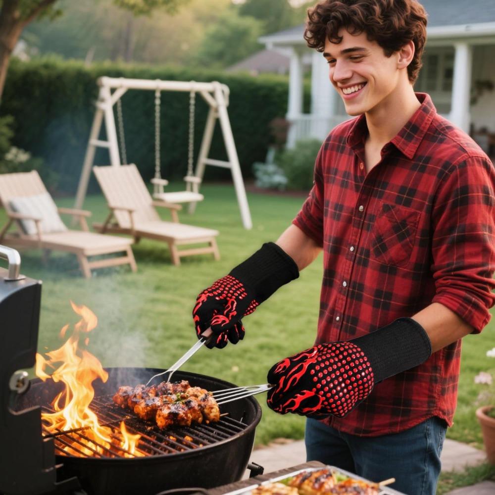 BBQ Gloves Fireproof Heat Resistant Cut Resistant Mitts Non Slip Silicone Oven Gloves Kitchen Gloves for Barbecue Cooking Baking