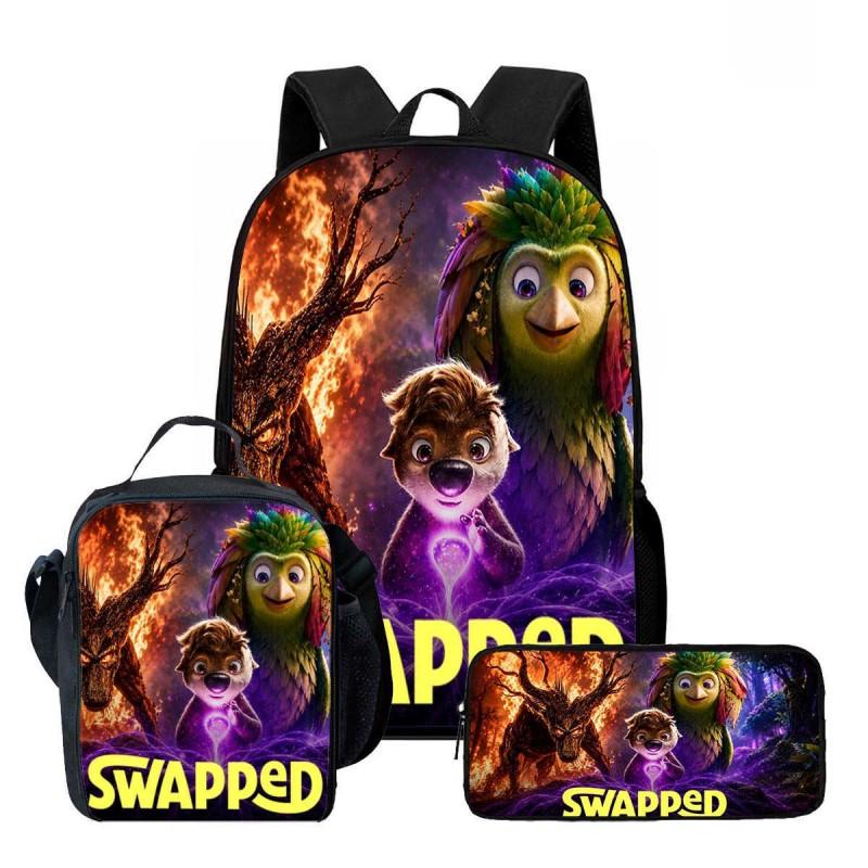 Kids Cartoon Backpack Lunch Bag Pencil Case 3-Piece Set With Fun Print Design School Use