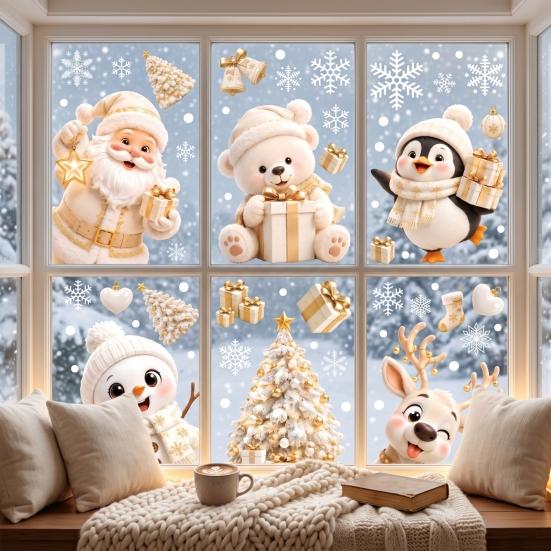 Static Cling Stickers 6Pcs Christmas Window Clings, Xmas Reusable Double Sided Snowman Non Adhesive Glass Snowflake Clings for Decorations Home Decor