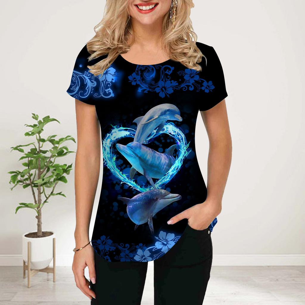 Women Summer T Shirt Blue Crystal Dolphin Print Short Sleeve Tees Casual Printed Tops