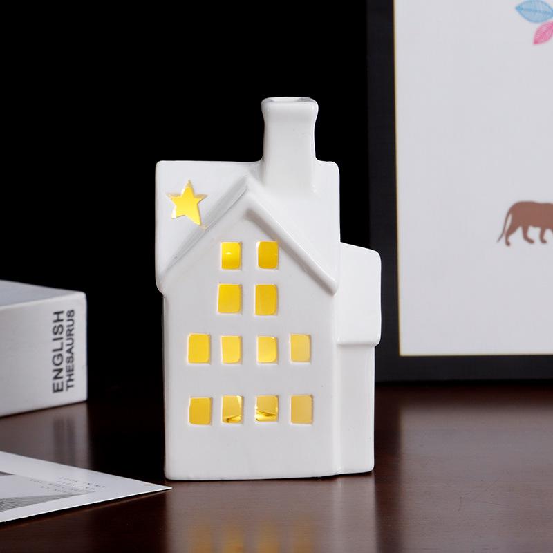 European Ceramic LED Christmas House Ornament: Creative Hollow Candlestick Night Light