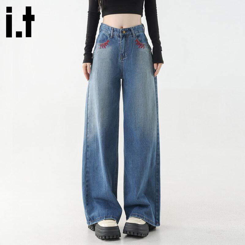 Women s Embroidered High-Waist Loose Fit Denim Jeans XL