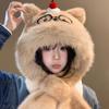 Cute cartoon bear plush hat scarf integrated women's autumn and winter thickened cold-proof ear protection scarf hooded