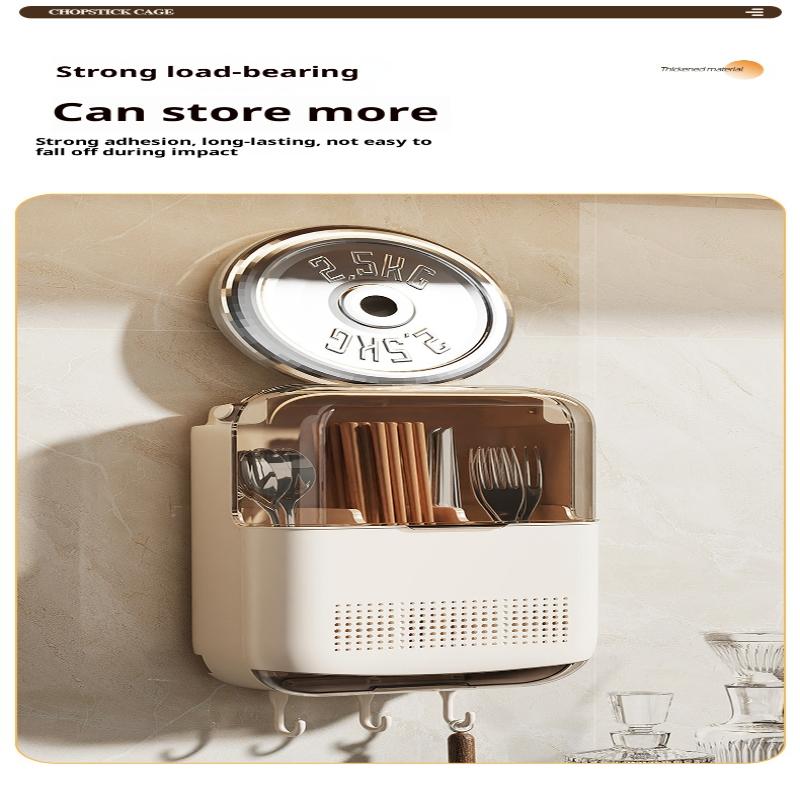 Wall Mounted Kitchen Cutlery Holder Breathable Dust-Proof Utensil Drainer No Punching With Lid Chopstick Storage Box