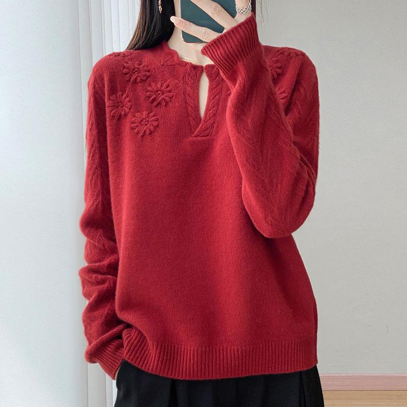 Design Sense Hook-Up Pullover Soft Waxy Wool Sweater Women'S Autumn And Winter New Semi-Open Neck Loose Long-Sleeved Fashion Knitted Sweater