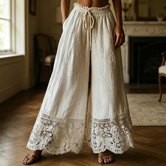 Women Pants Drawstring Adjustable Waistband High Waist Summer Pants Pure Color Loose Fit
