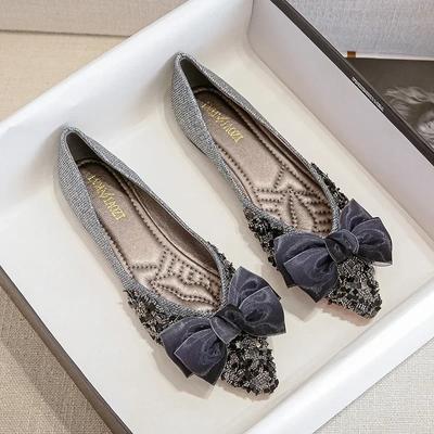 Women Bow Rhinestone Point Casual Shoes Women Flats Designer2024 Dress Walking Shoes Autumn New Trend Shallow Zapatillas Mujer