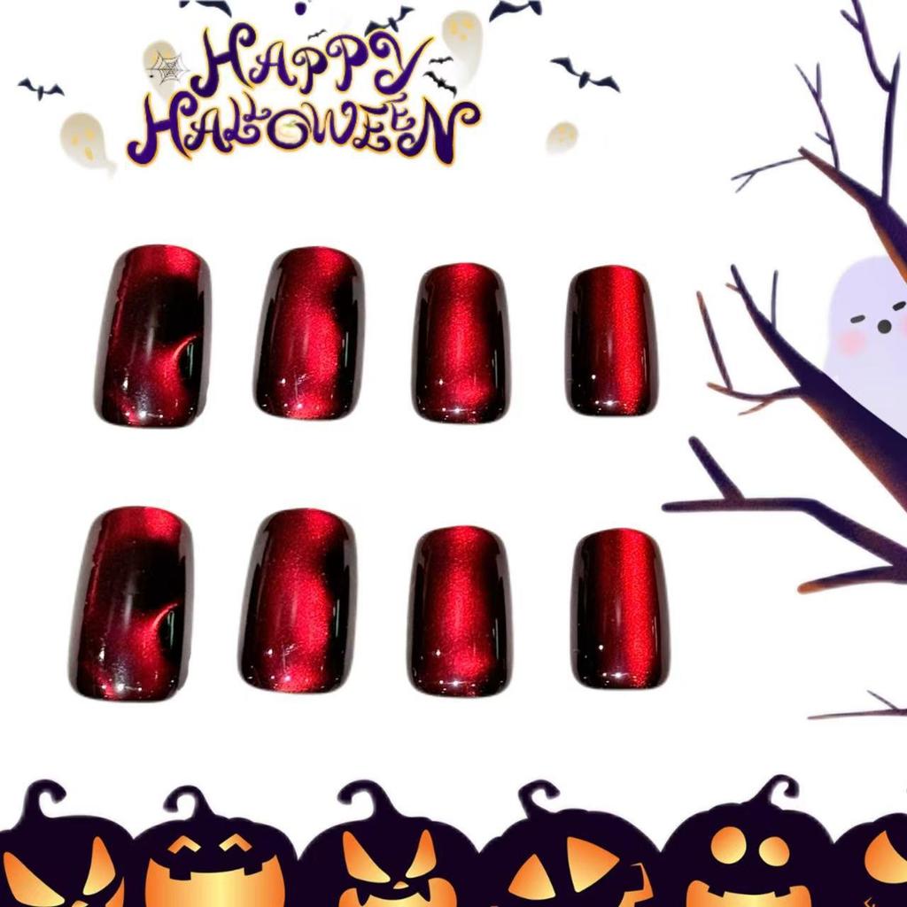24-Piece Black-Red Irregular Cat Eye Press-On Nails with Sparkling Design