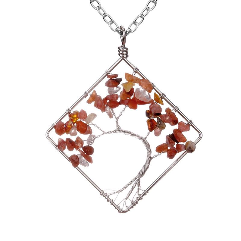 Wrapped Colorful Natural Stone Crystal Square Curved Tree Of Life Pendant Necklace N08 Fresh And Sweet