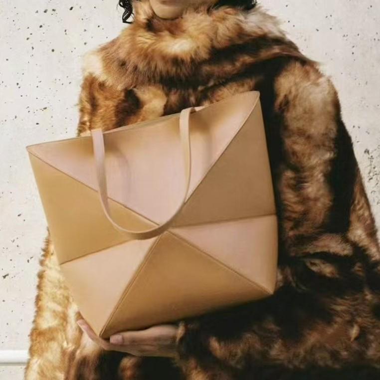 High-Quality Top Layer Cowhide Geometric Folding Tote Bag with Large Capacity