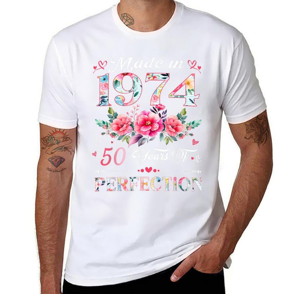 50 Year Old Made In 1974 Floral 50th Birthday Unisex Tshirt Work Duty Casual Tshirt