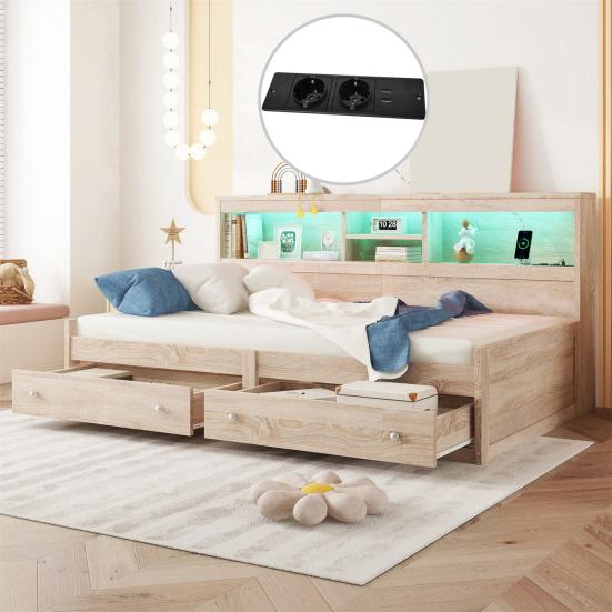 Single Bed Daybed 90x200cm Sofa Bed Bedside Cabinet with 2 USB And Charging Sockets Youth Ambient Lighting Two Drawers Slatted Frame (without