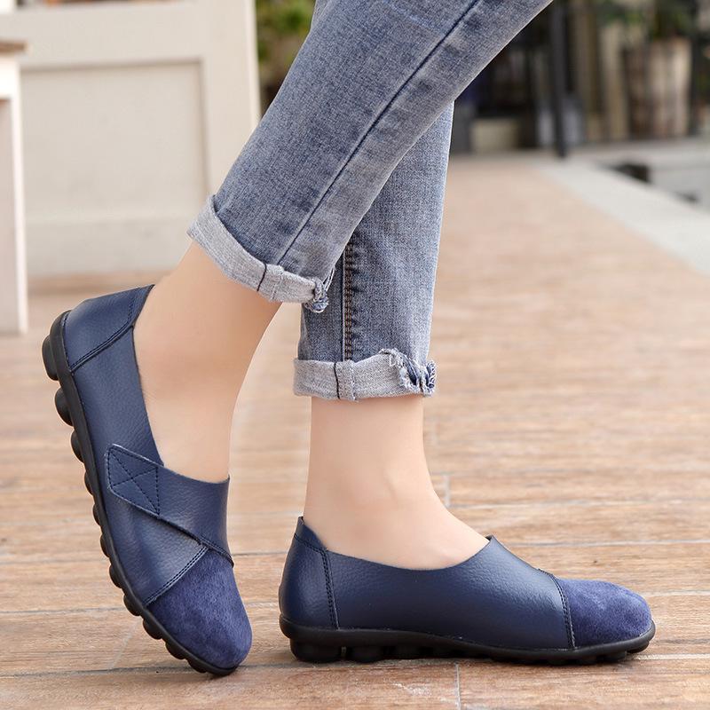 Mocasines de piel de vaca para mujer de talla grande con velcro mágico para otoño e invierno