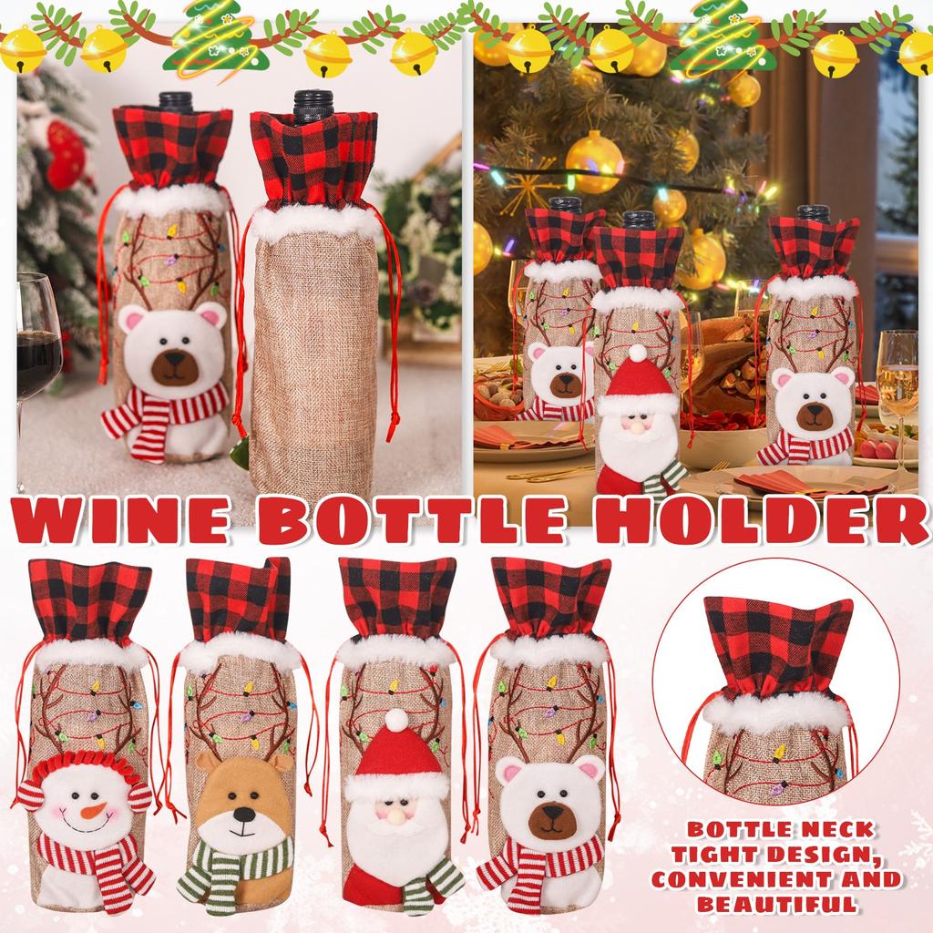 Christmas Supplies Christmas Red And Black Checkered Linen Red Wine Bottle Embroidered Christmas Doll Handbag