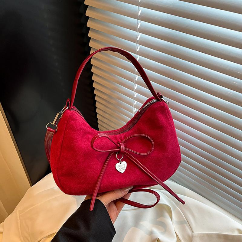 Vintage Bow Candy Color Women Suede Shoulder Bags Simple Lightweight Ladies Crossbody Bag Portable Girls Handbags Purse