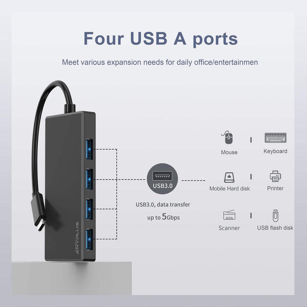 ANYPLUS USB Hub with 5Gbps Data 4 USB Compatible with Surface iPad and XPS USB-C Hub, Type-C High-Speed Transfer, 3.0 Ports, MacBook, Book, Pro, 17/15