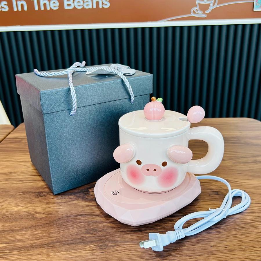 Cute Pig Constant Temperature Heating Cup Gift Box with Mug Birthday Gift for Girls Practical Gift for Best Friend Creative Cup