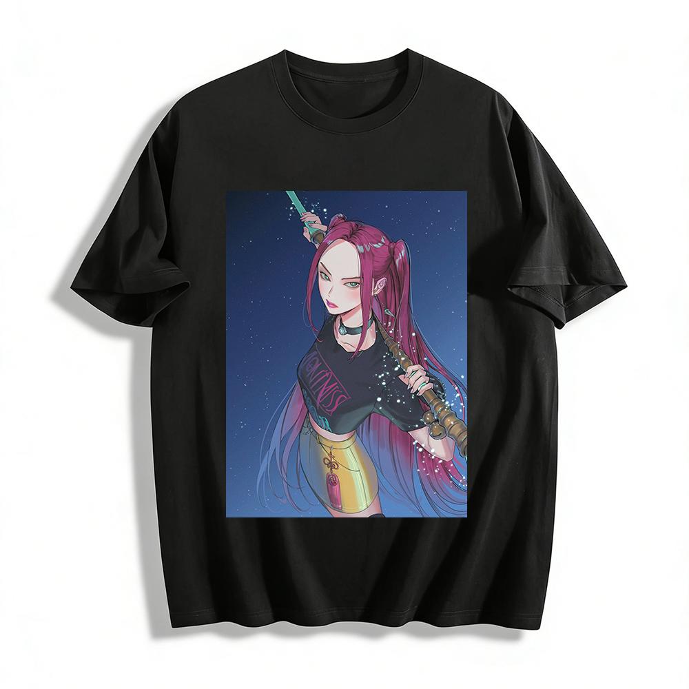 Cyber Style Purple Hair Cool Girl Print Crop Top Street Trendy Navel-exposed Slim-fit Tee Pure cotton T-shirt XXS