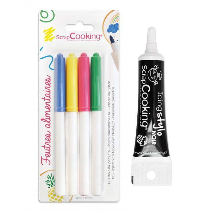 4 feutres alimentaires jaune, vert, rose, bleu + Stylo de glaçage noir
