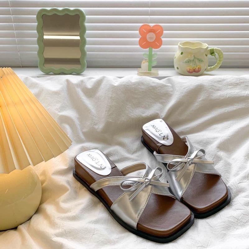 Summer wear new one-word drag gentle sandals thick-soled slope heel beautiful cool slippers women
