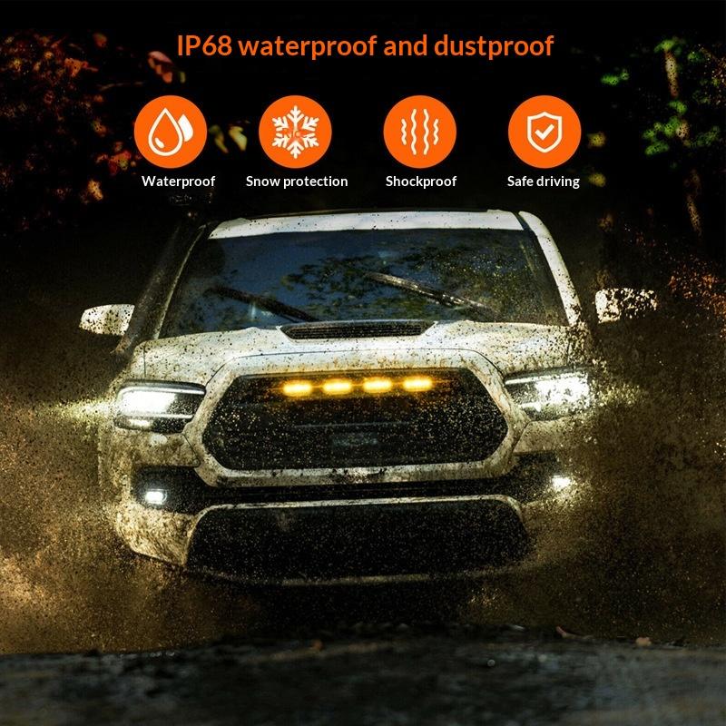 4Pcs High Brightness Car Grille LED Lights Yellow Daytime Running Warning Lamps for Off-Road Truck Safety Driving