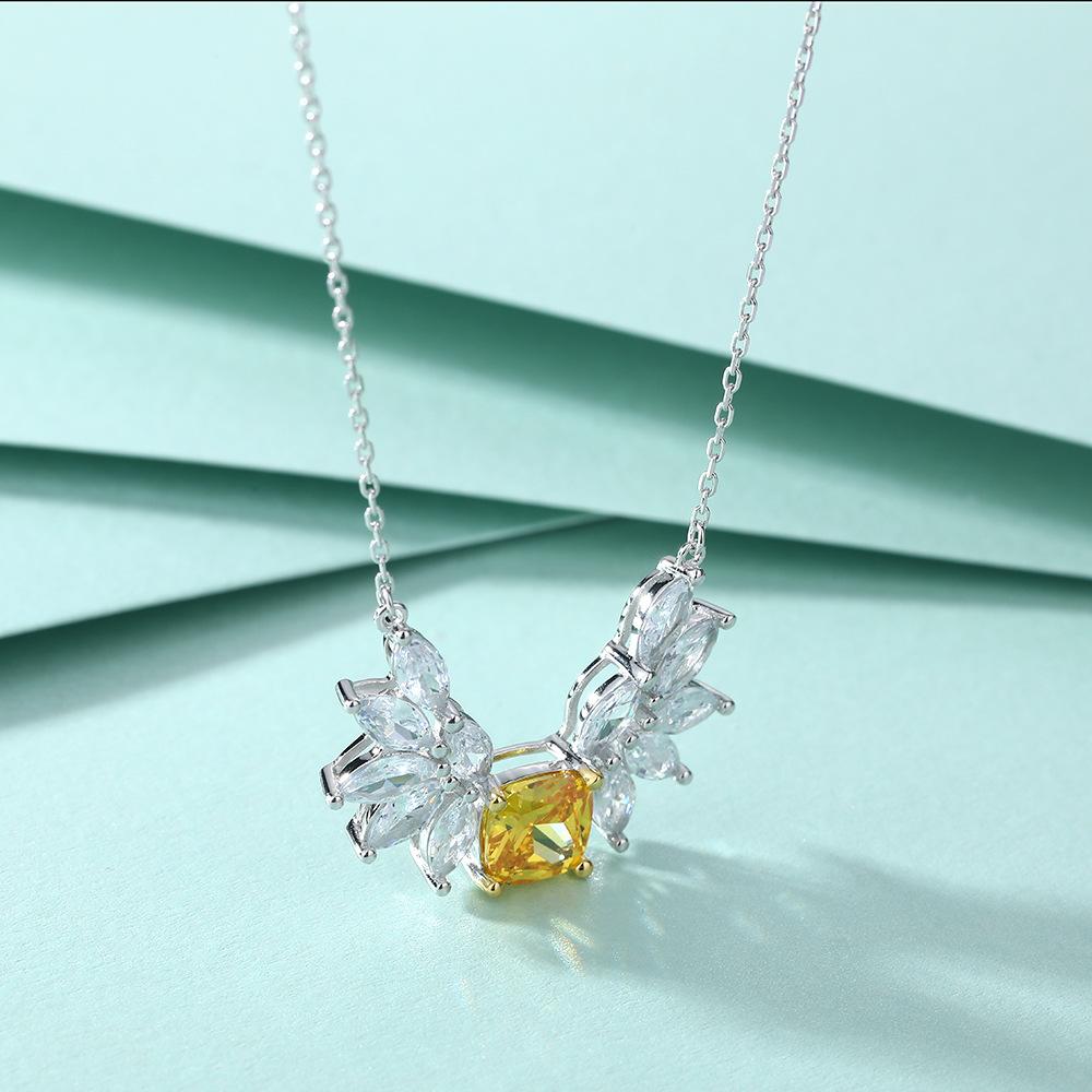 S925 silver natural stone angel wing necklace female niche high-end yellow zircon gemstone pendant sterling silver collarbone chain