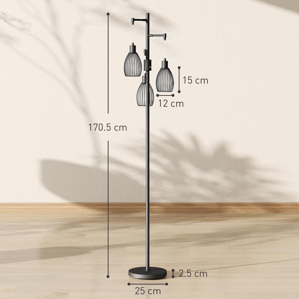 3-Light LED Floor Lamp, 170cm Industrial Dimmable Standing Lamp with Steel Wire Cage Lampshades, 2700K for Living Room, Bedroom, Dining Room, Study