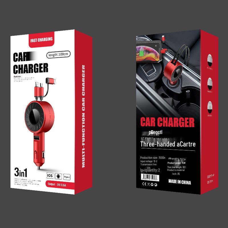 Dual USB Fast Car Charger with Retractable Cable for Huawei and Apple Devices