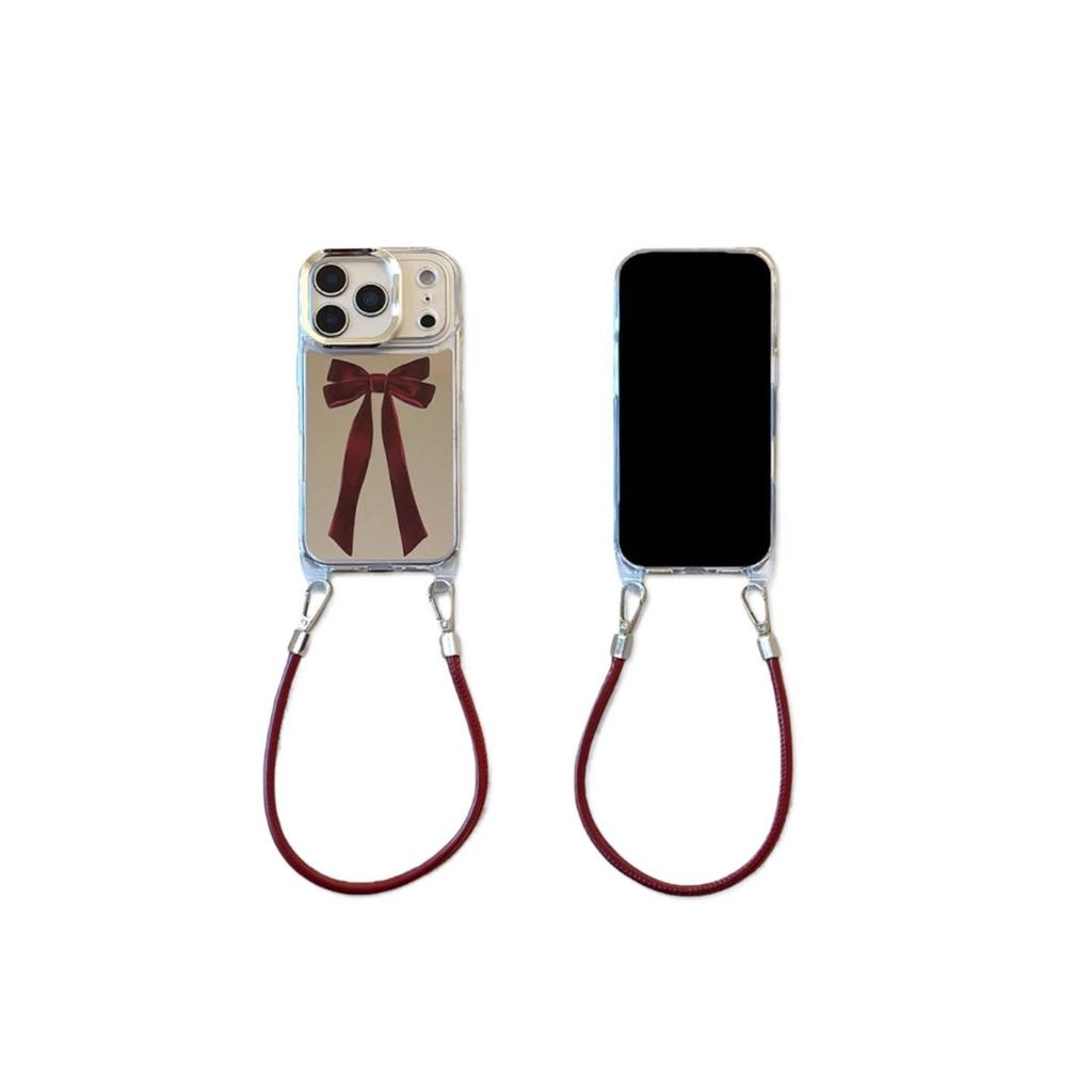 Sweet Burgundy Bow Makeup Mirror Is Suitable for Apple 17promax Mobile Phone Case Iphone16pro New 1.