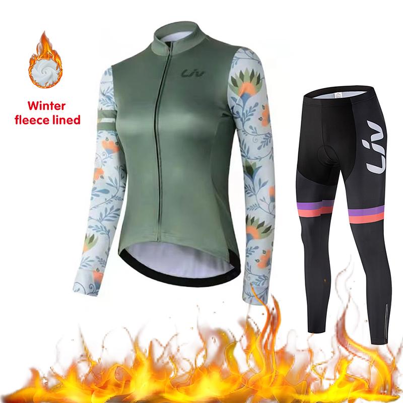 2026 Women's Cycling Suit Set Winter Velvet Long Sleeved Cycling Jersey Knitted Sweater Cycling Bib Warm Cycling Sports Shir